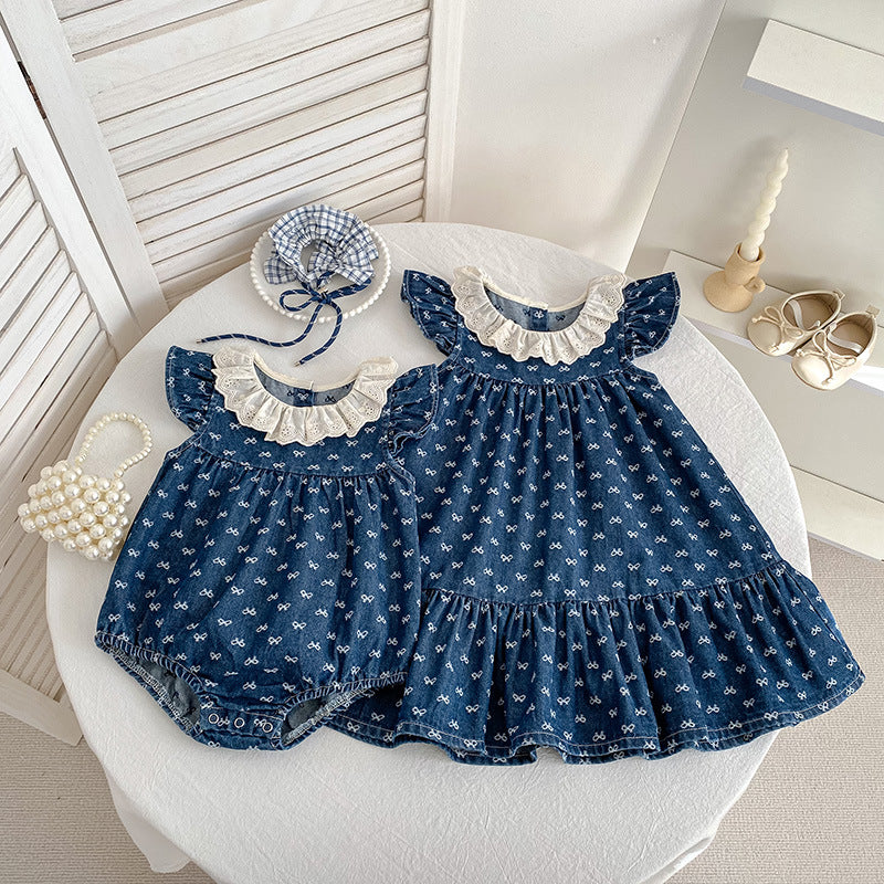 Bow Print Crawling Suit Jumpsuit Sisters Children's Dress