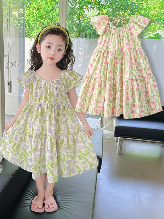 Ruffled Collar Floral Tulip Sweet Kindergarten Primary School Children's Dress