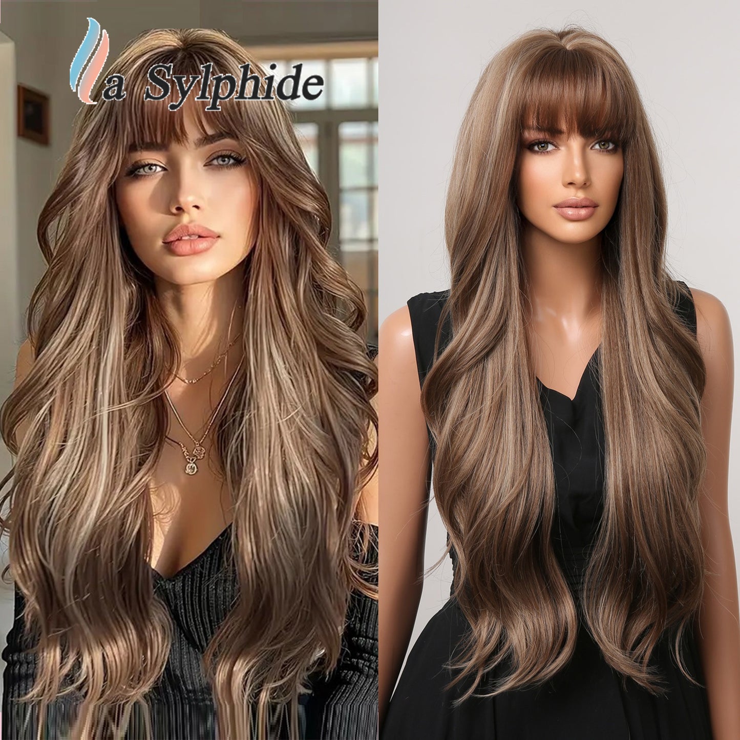 Curly Female Bangs Brown Golden Purple Wig Long Curls