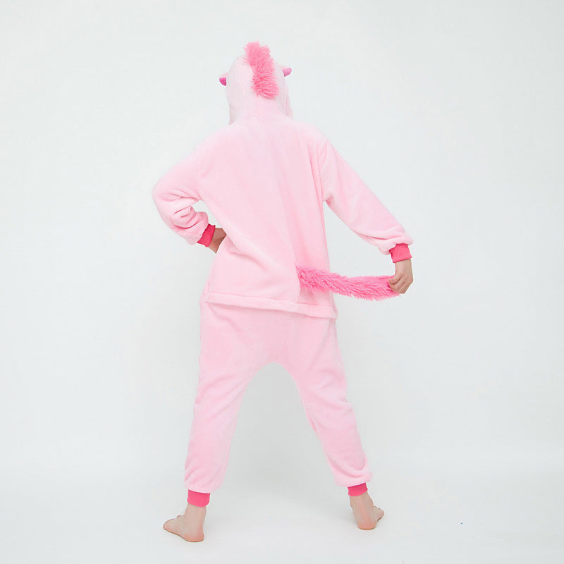 Children's Cartoon Animal One-piece Pajamas Rainbow Flannel Lion Cute Long Jumpsuit, Climbing Suit