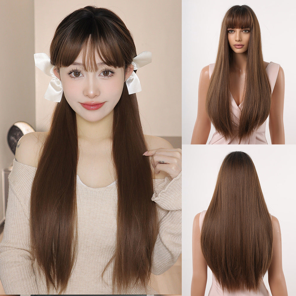 Bangs Gradient Gray Hair Chemical Fiber Head Long Straight Wig