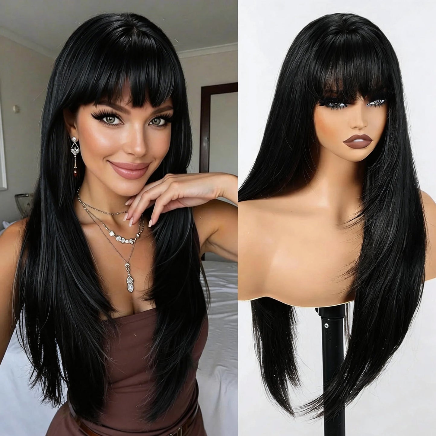 Fashion Bangs Black Hair Female African Long Straight Wig