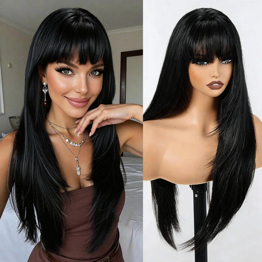 Fashion Bangs Black Hair Female African Long Straight Wig