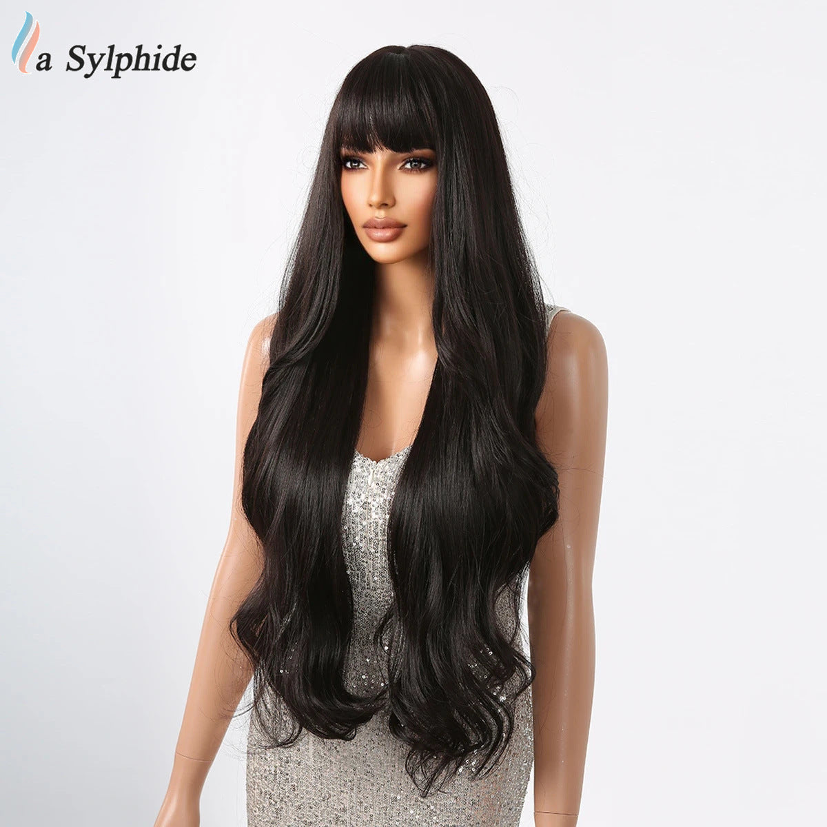 Female Big Wave Roman Curly Bangs Hair White Gold Color Wig Long Curls