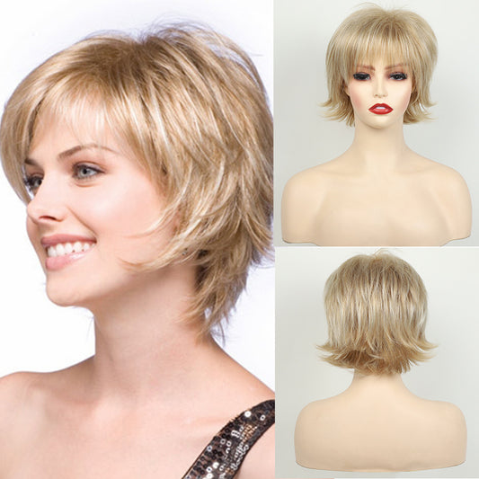 Women's Fashion Straight Golden Mixed Color Chemical Wig Short Curly Hair