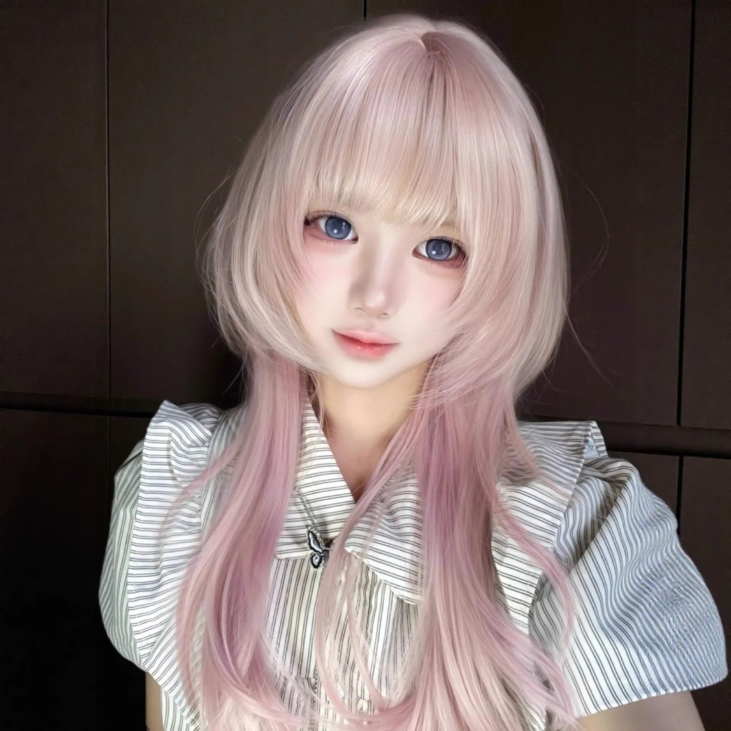 Gradient High Level Straight Bangs Jellyfish Head Full Wig Long Curls