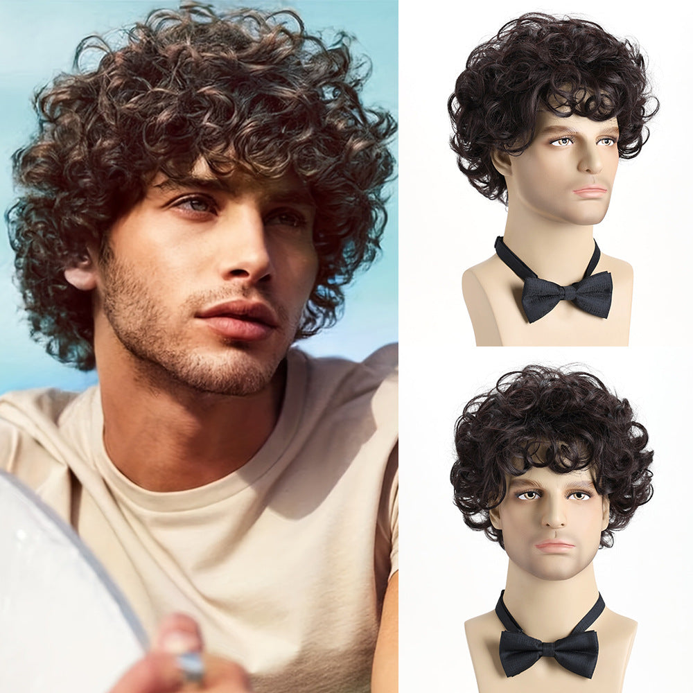 Men's Short Hair Fluffy Chemical Fiber Curly Head Men's Wig