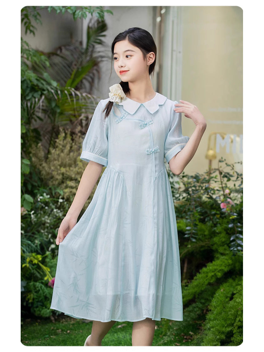 Short-sleeved Summer Cheongsam Blue Chinese Style Traditional Children's Dress