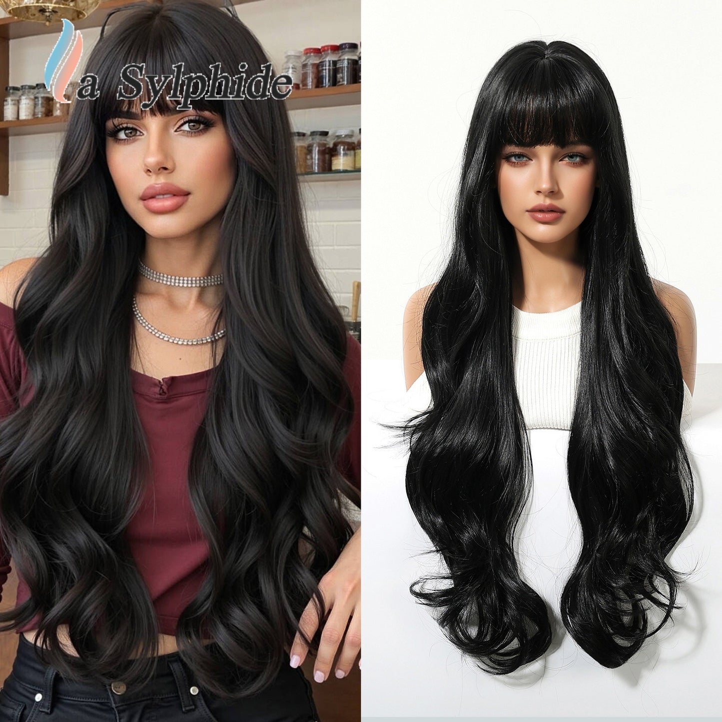 Female Big Wave Roman Curly Bangs Hair White Gold Color Wig Long Curls