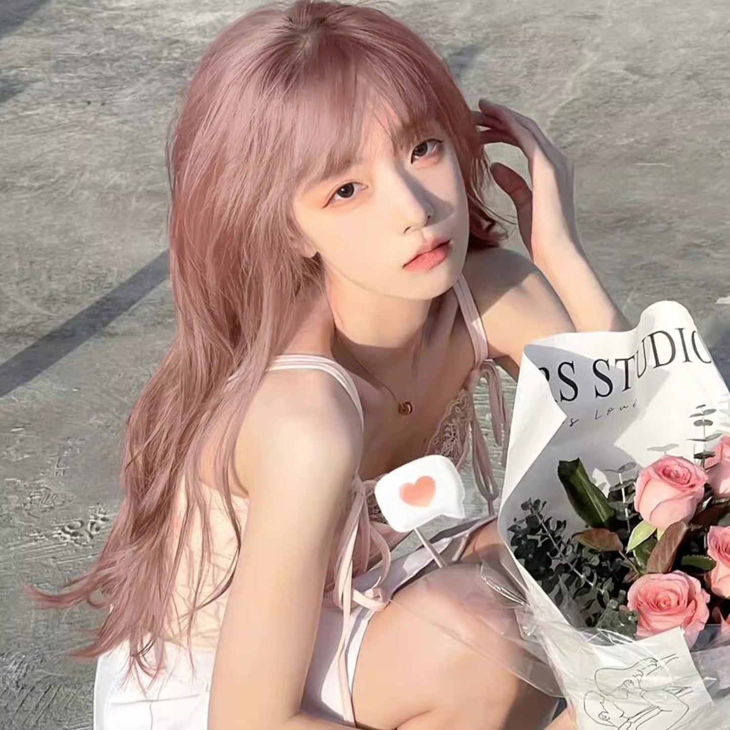 Fashion Popular Rose Pink Female Hair Sweet Simulation Curly Big Wig Long Curls