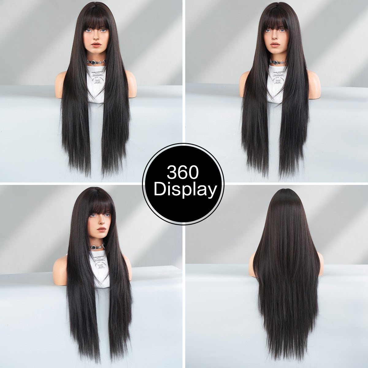 Black Full Top Bangs High Quality Chemical Long Straight Wig