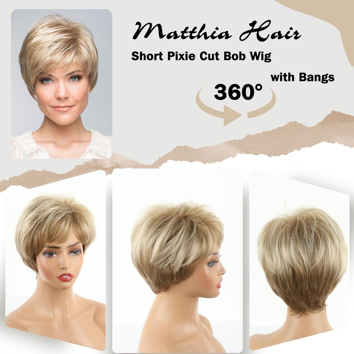 Women's Fashionable Golden Side Bangs Head Cover Wig Short Straight Hair