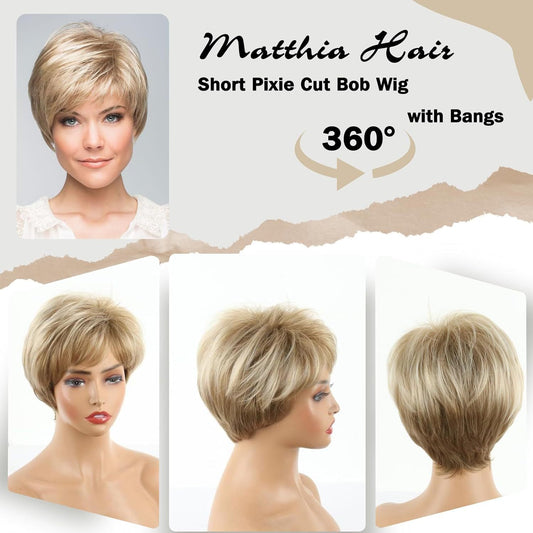 Women's Fashionable Golden Side Bangs Head Cover Wig Short Straight Hair