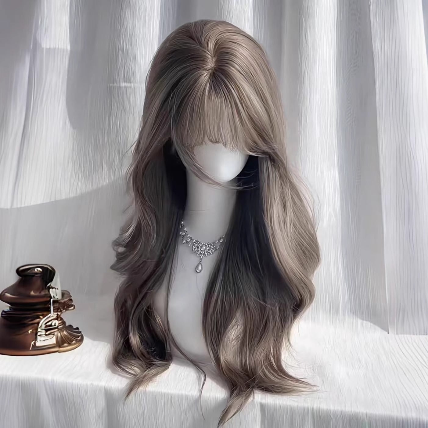 Tea Gray Brown Temperament Young Atmosphere Wig Long Curls