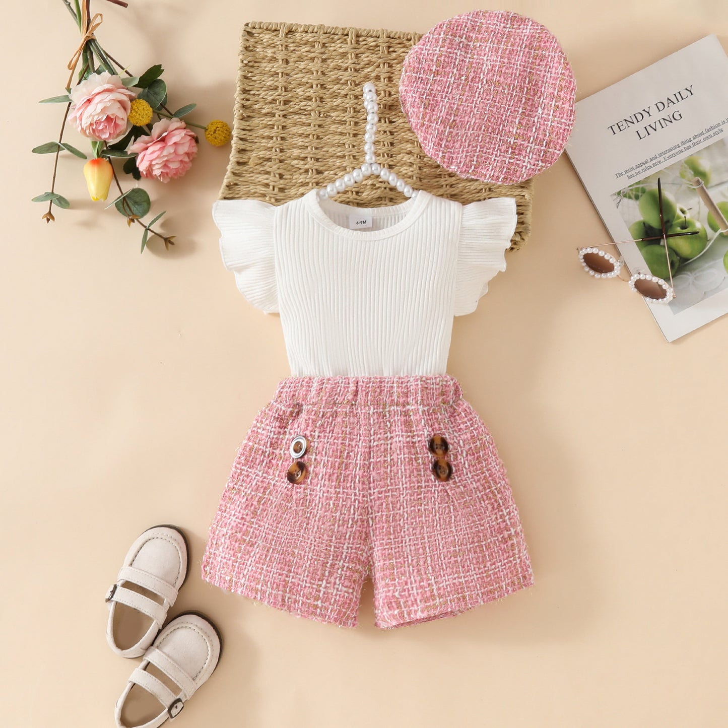 Flounced Sleeve Solid Color Top Plaid Children's Suit
