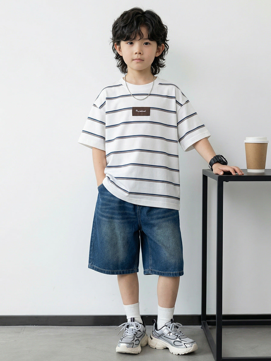 Children's Summer Clothes Middle Big Short-sleeved Striped Children's T-shirt