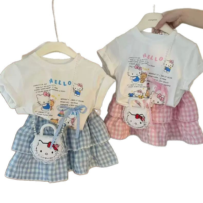 Sweet Cat Short-sleeved T-shirt Plaid Korean Style Fashionable Princess Two-piece Children's Suit