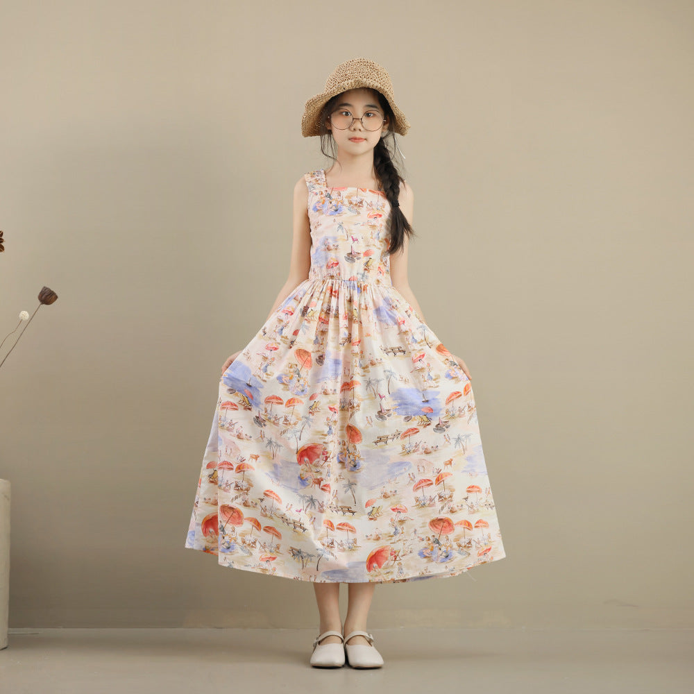 Summer Strap Beach Middle Big Floral Children's Dress
