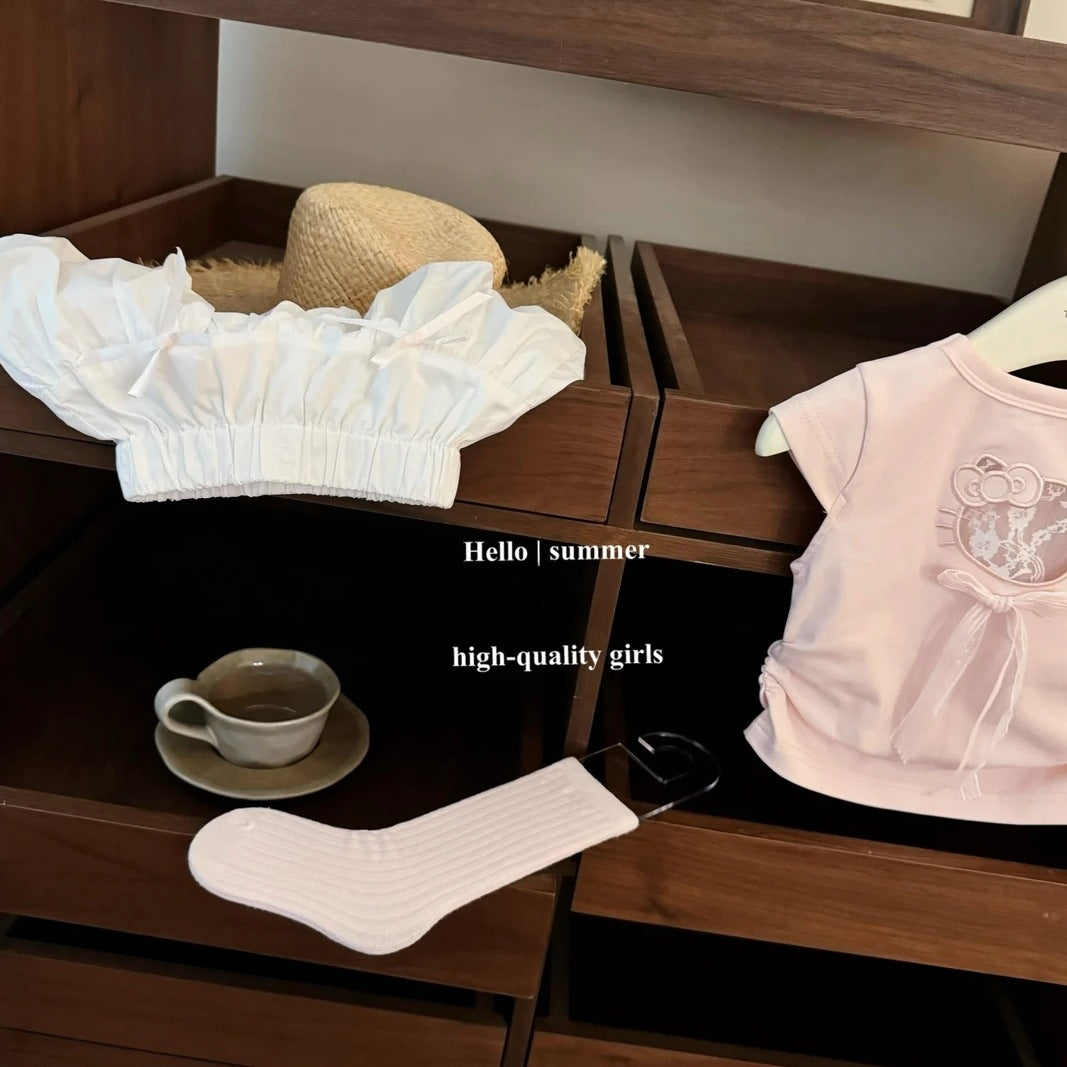 Sweet Kitty Lace Bow Short Sleeve Children's Suit