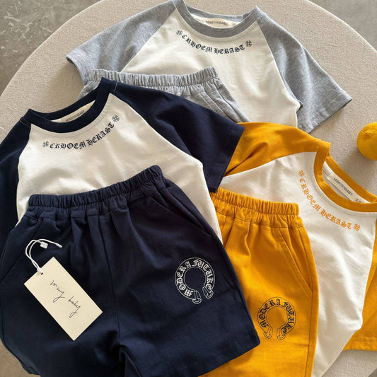 Women's & Men's Short-sleeved Two-piece Suit Korean Summer Raglan Sleeve Shorts Children's T-shirt