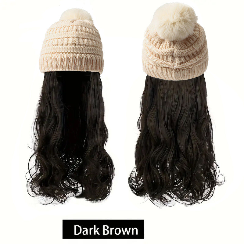 Women's Winter Knitted Hat Integrated Daily Wear Wig Long Curls