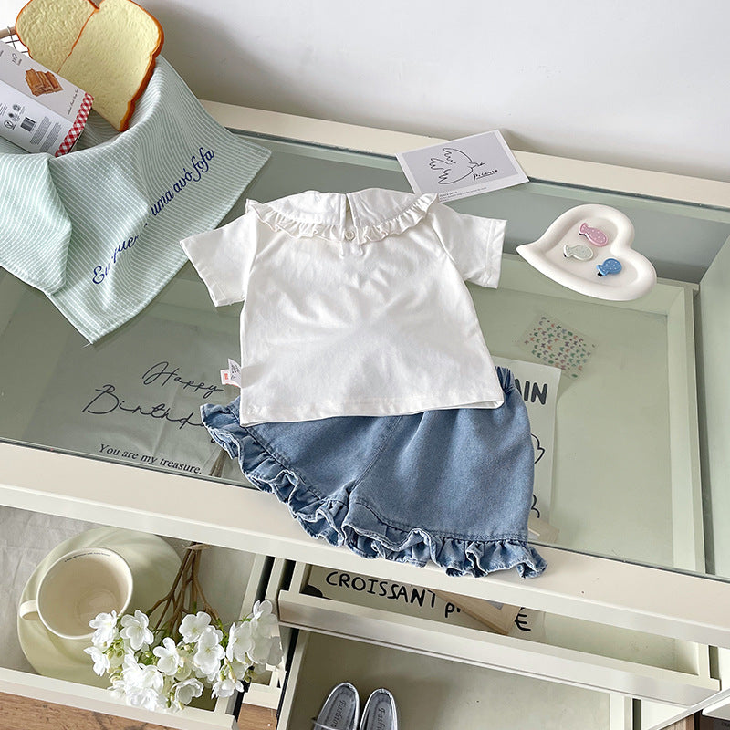 Summer Polo Collar Top Short-sleeved Lace Children's Suit