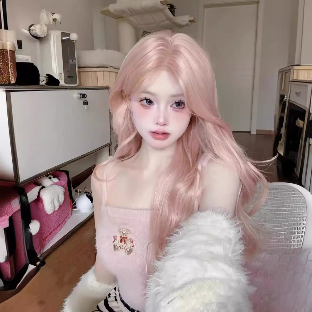 Rose Pink Hair Mid-length Bangs Big Wig Long Curls