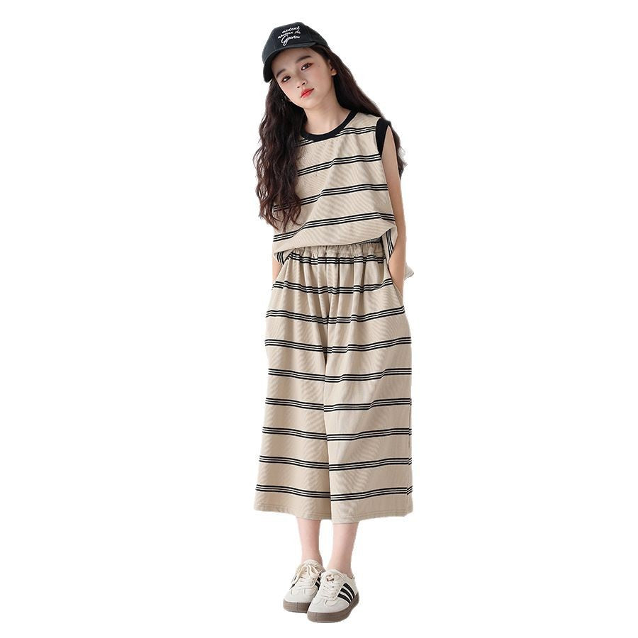 Women's & Children's Trendy Sleeveless Striped Oversized Culottes Older Leisure Children's Suit