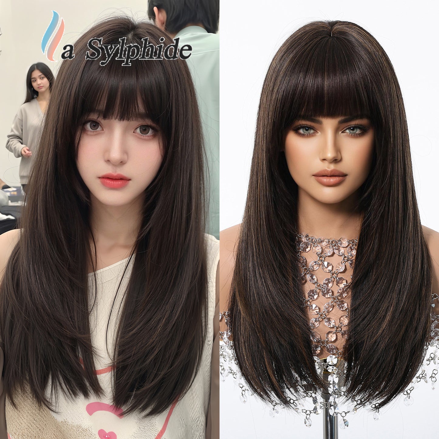 Dark Brown Bangs Level Hair Whole Top Long Straight Wig