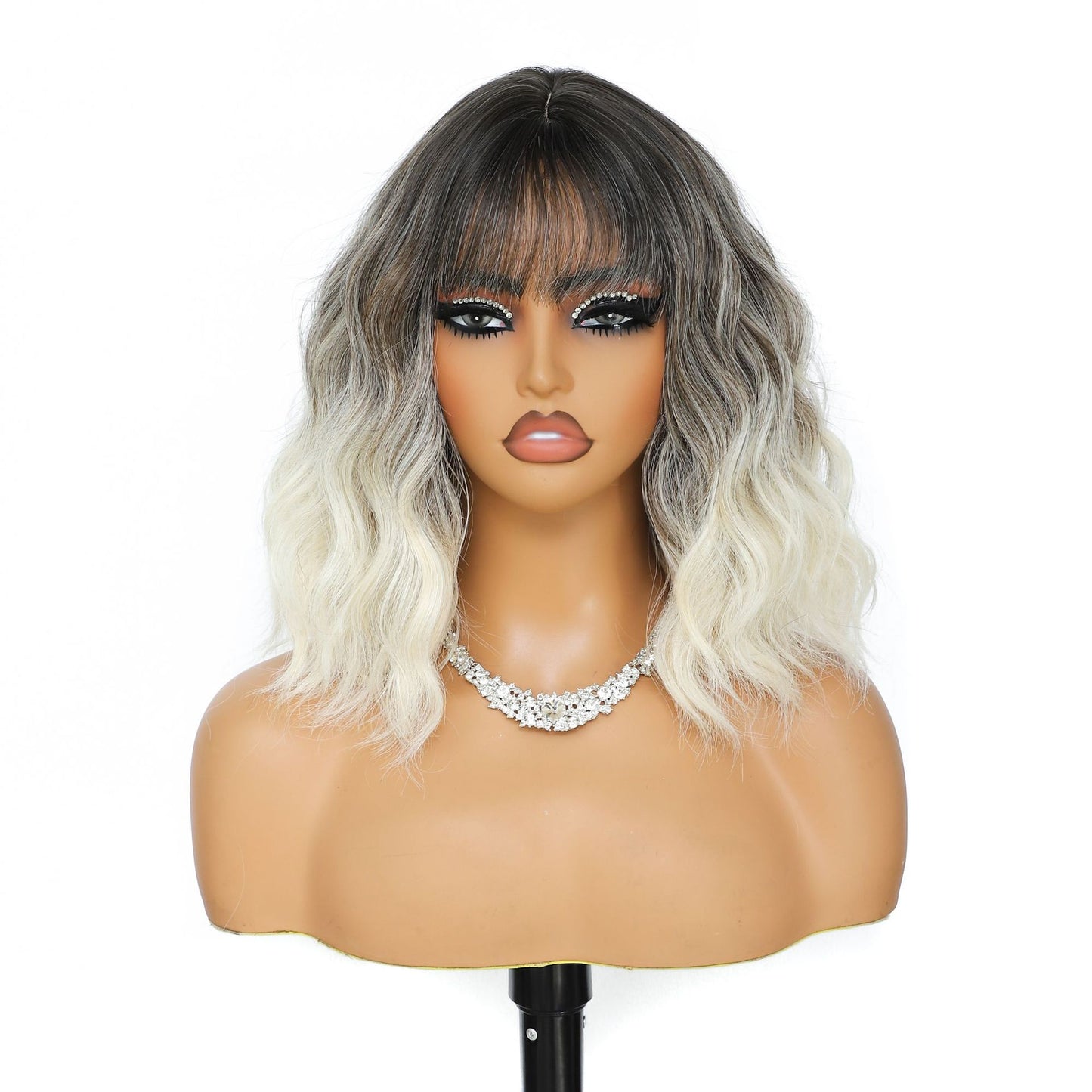 Women's Inch Wine Red Wave Head With Bangs Wig Short Curly Hair