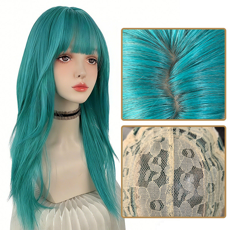 Women's Green Hair Full Top Simulation Invisible Long Straight Wig