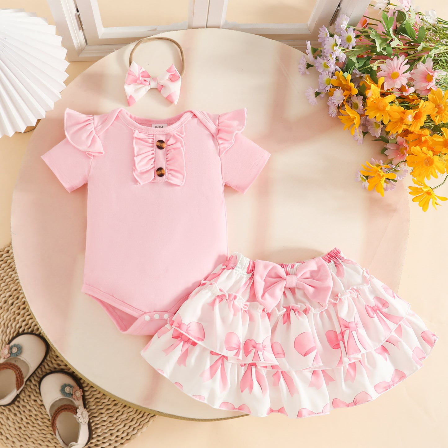Floral Pattern Skirt Short Sleeve Top Double Layer Children's Suit
