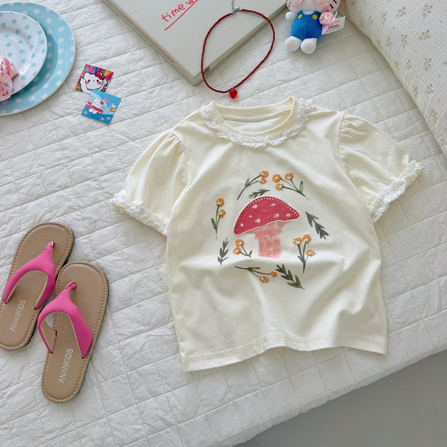 Summer Ice Cotton Knitted Lace Collar Cartoon Printed Puff Children's T-shirt