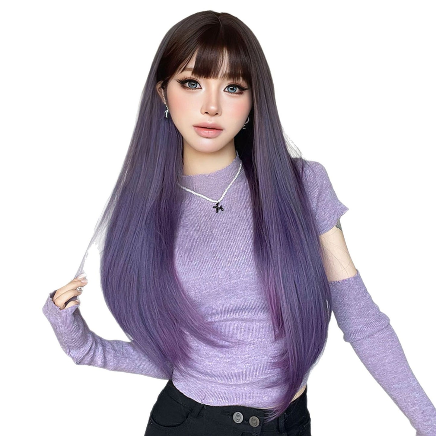 Gradient Hair Bangs Daily Natural Sweet Cool White Long Straight Wig