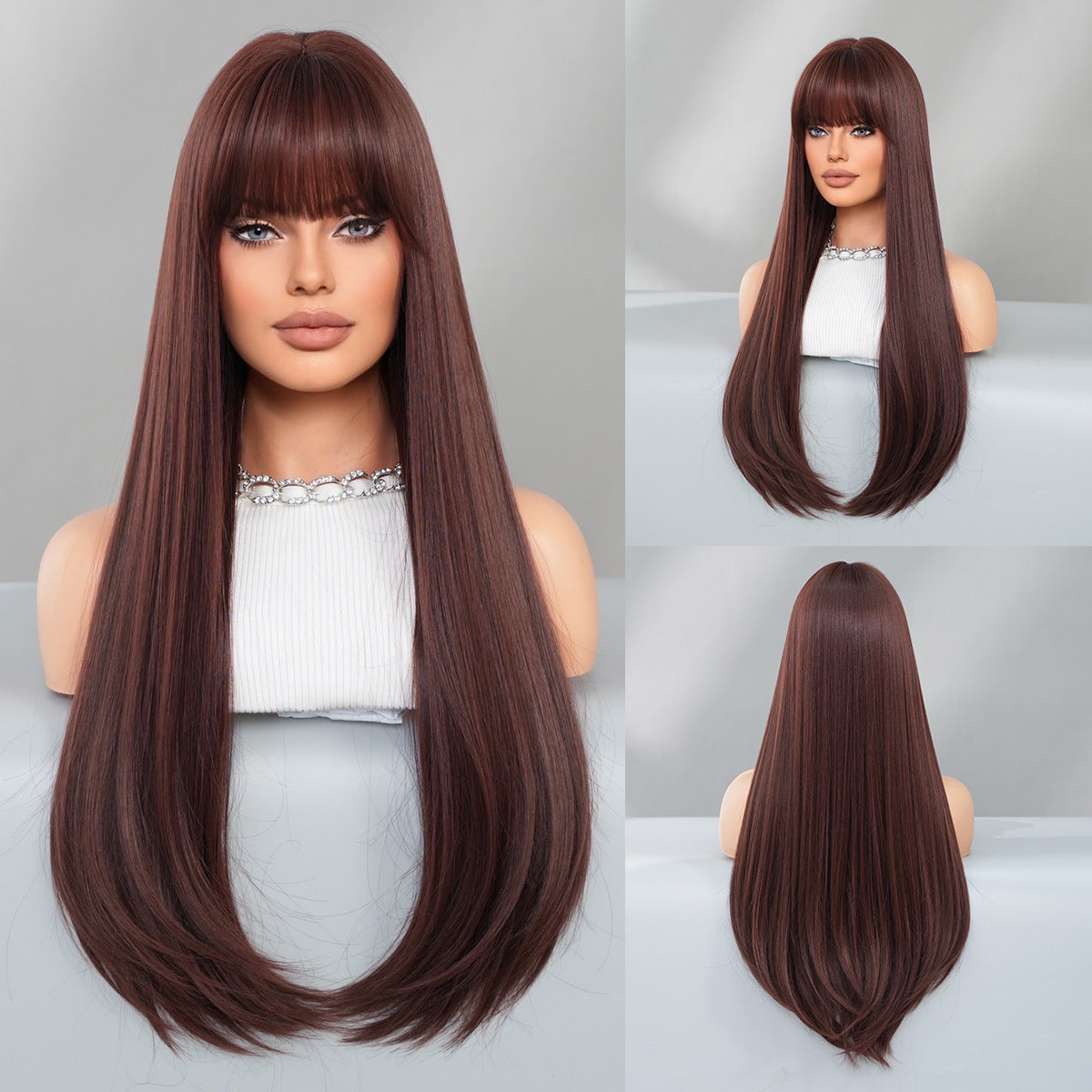 Women's Caramel Mocha Bangs Inner Buckle Layered Long Straight Wig