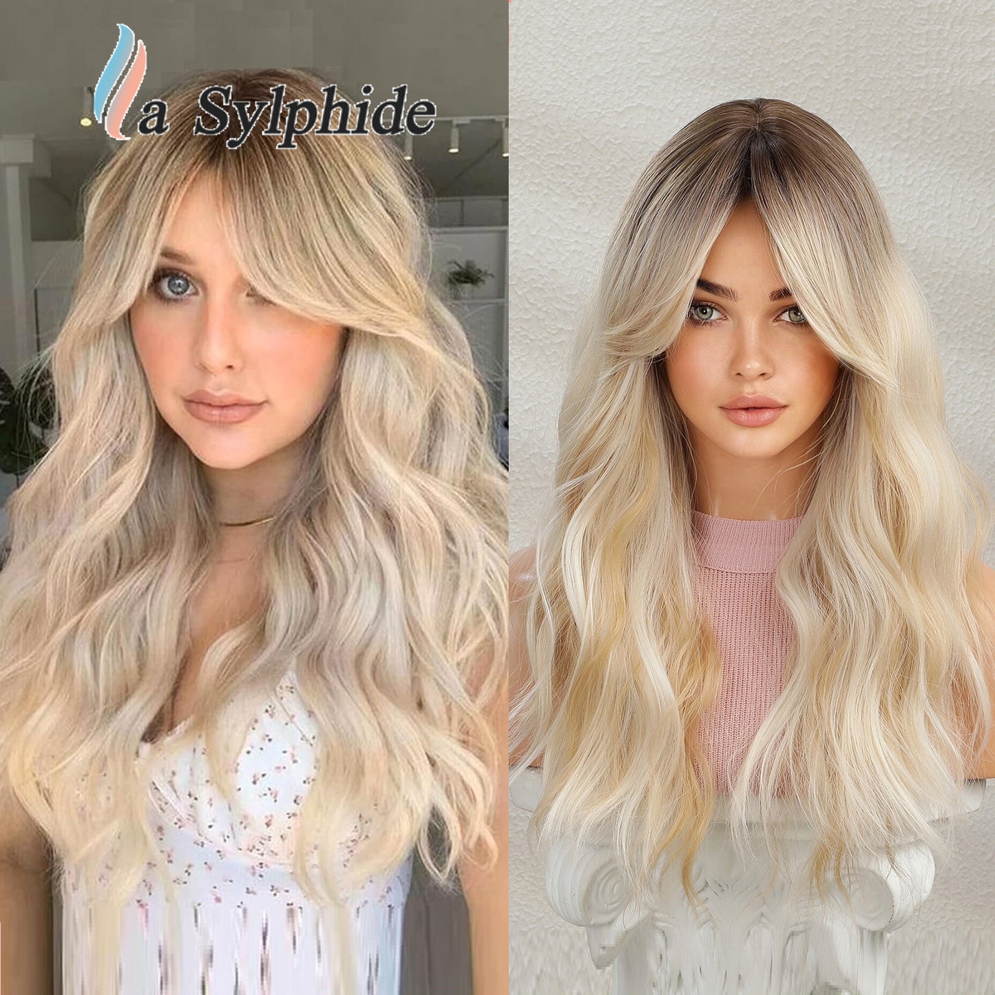 Sier White Highlight Curly Hair Bangs Wig Long Curls