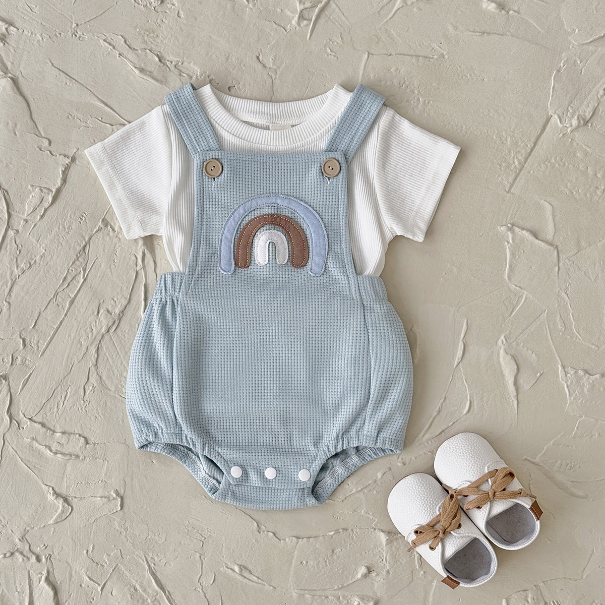 Summer Infant Shoulder Button Rainbow Pattern Jumpsuit Round Neck Thin Jumpsuit, Climbing Suit
