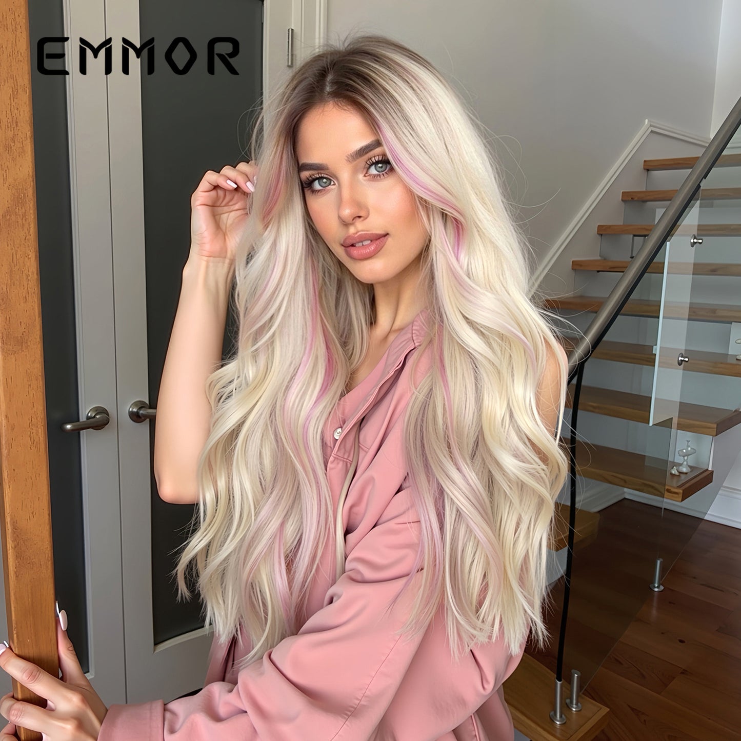 Natural Medium Gradient Gold Highlight Dyed Pink Curly Hair Full Wig Long Curls