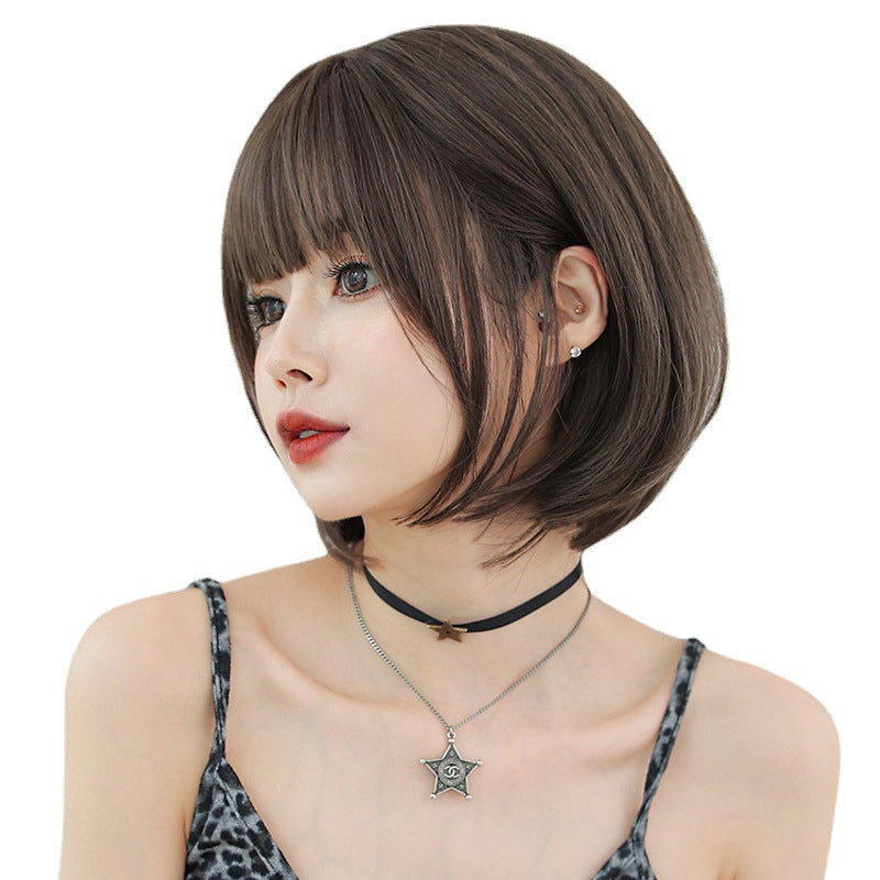 Female Head Round Face Synthetic Wigs Bangs Wig Short Straight Hair