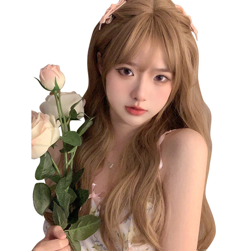Women's Hair Milk Tea Curly Natural Air Bangs Wig Long Curls