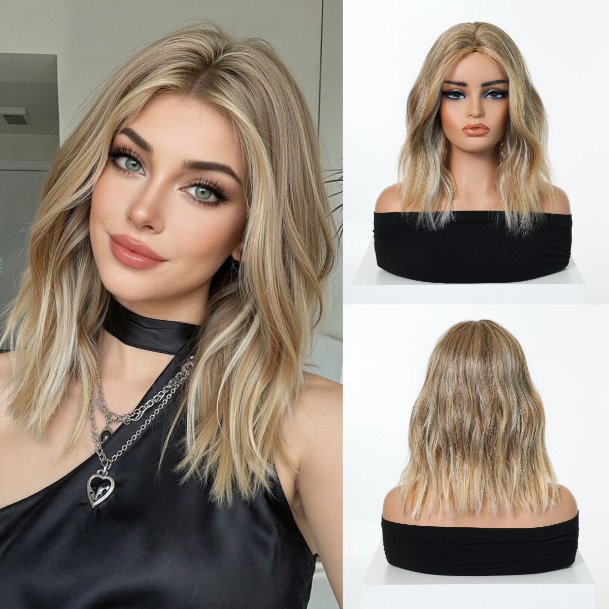 Light Gold Gradient Mid-length Wavy Fashion Lady Natural Wig Short Curly Hair