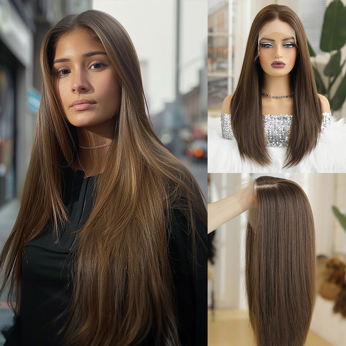 Large Area Lace Hand-woven Mid-length Hair Casual Long Straight Wig