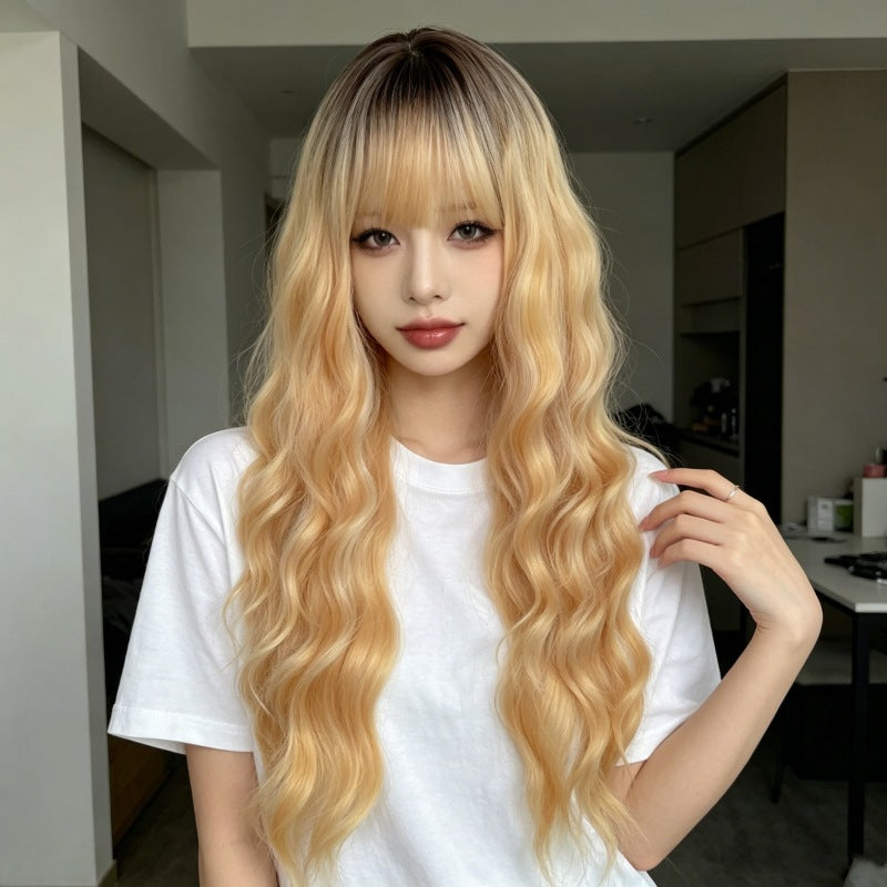 Women's Up Air Bangs Rose Net Matte Wig Long Curls