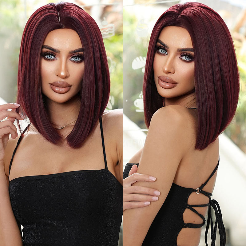 Medium Fashion Wine Red Collarbone Length Wig Short Straight Hair