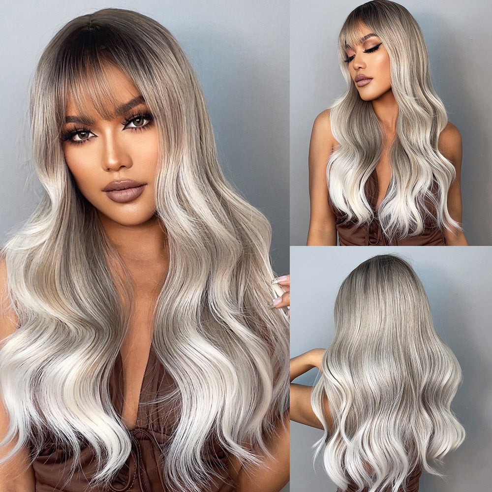 Straight Bangs Curly Hair Gradient White Gold Color Mechanism Wig Long Curls