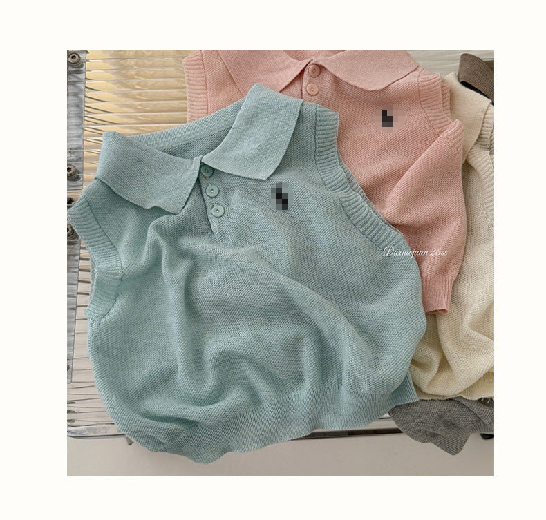 Elegant Korean Knitted Lapel Sleeveless Vest Children's T-shirt
