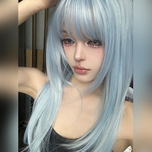 Yuan Angel Ice Blue Female Daily Hair Full Long Straight Wig