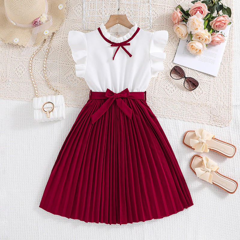 Children's Clothing Summer Style Flounced Sleeve Color Matching Pleated Children's Dress