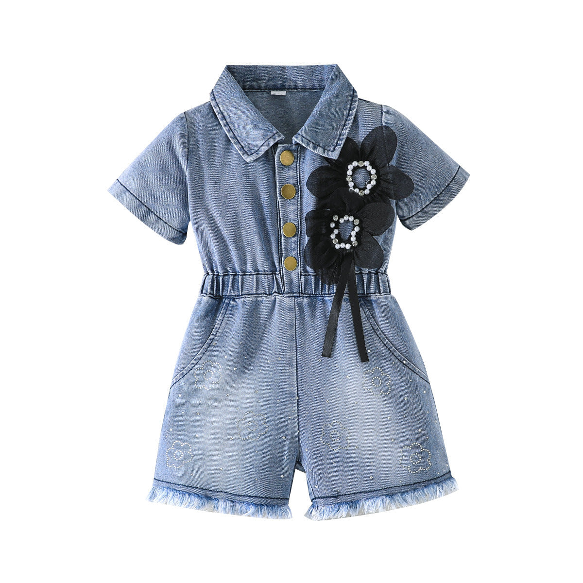 Lapel Waist Tight Pearl Flower Decoration Jumpsuit, Climbing Suit