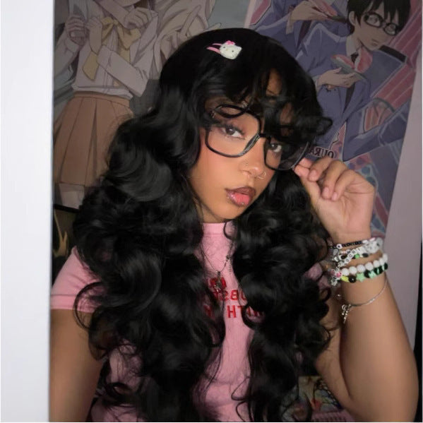 Small Curly Hair Bangs Black Head Cover Wig Long Curls